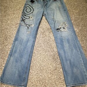 Affliction Light Blue Bootcut Jeans with Distressed Details